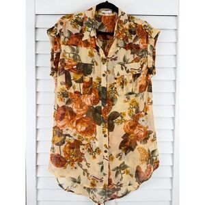 Pleione Button Front Top Women L Orange Floral Sheer Sleeveless Utility Blouse